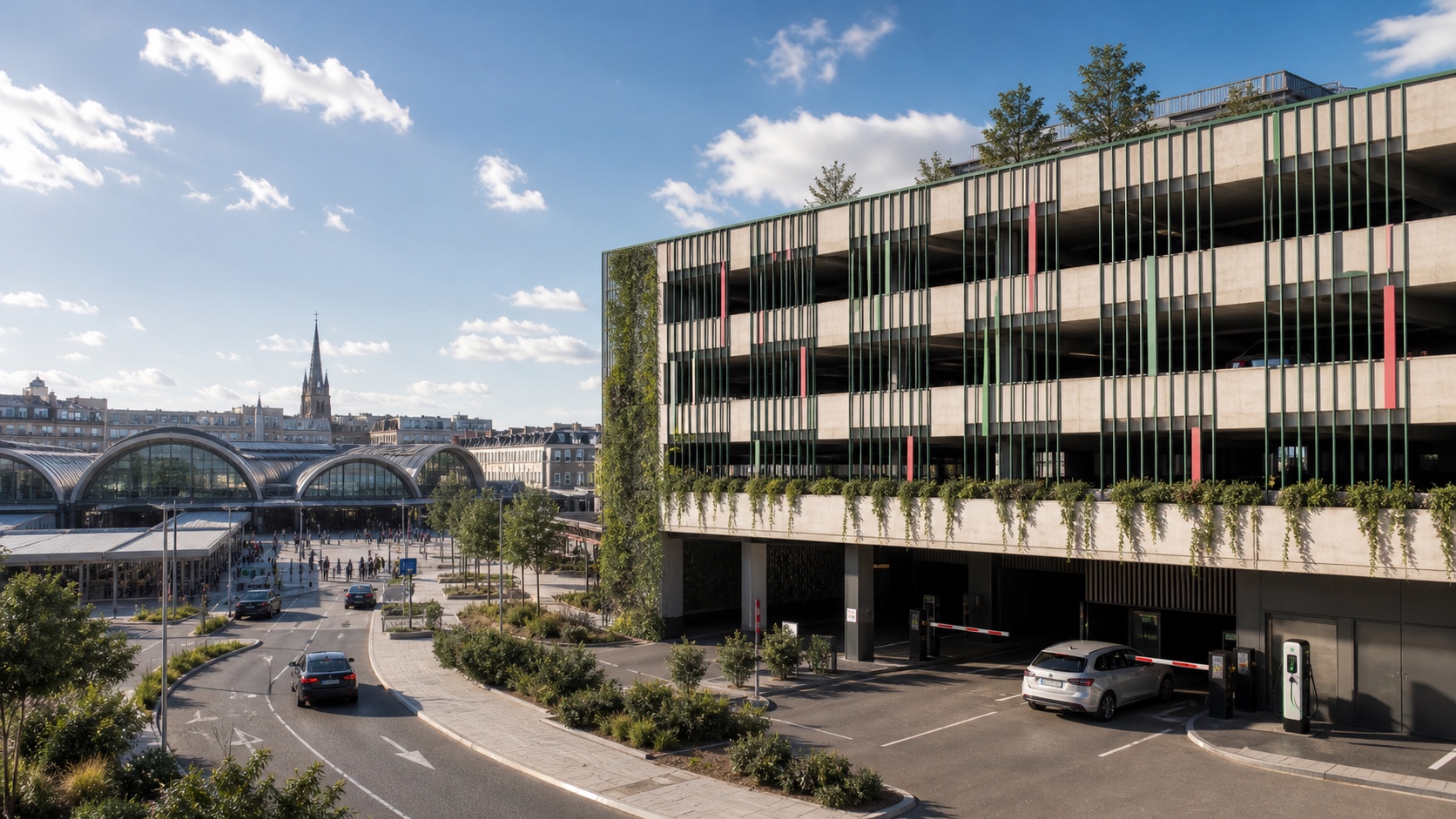 A modern European parking structure beside a railway station